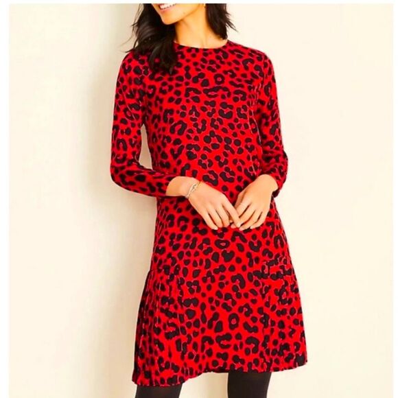 Ann Taylor Leopard Print Shift Dress Red black pleated hem size 6 - Picture 1 of 10
